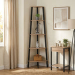 5-Tier Corner Shelf Ladder Bookshelf Metal Frame Rustic Brown