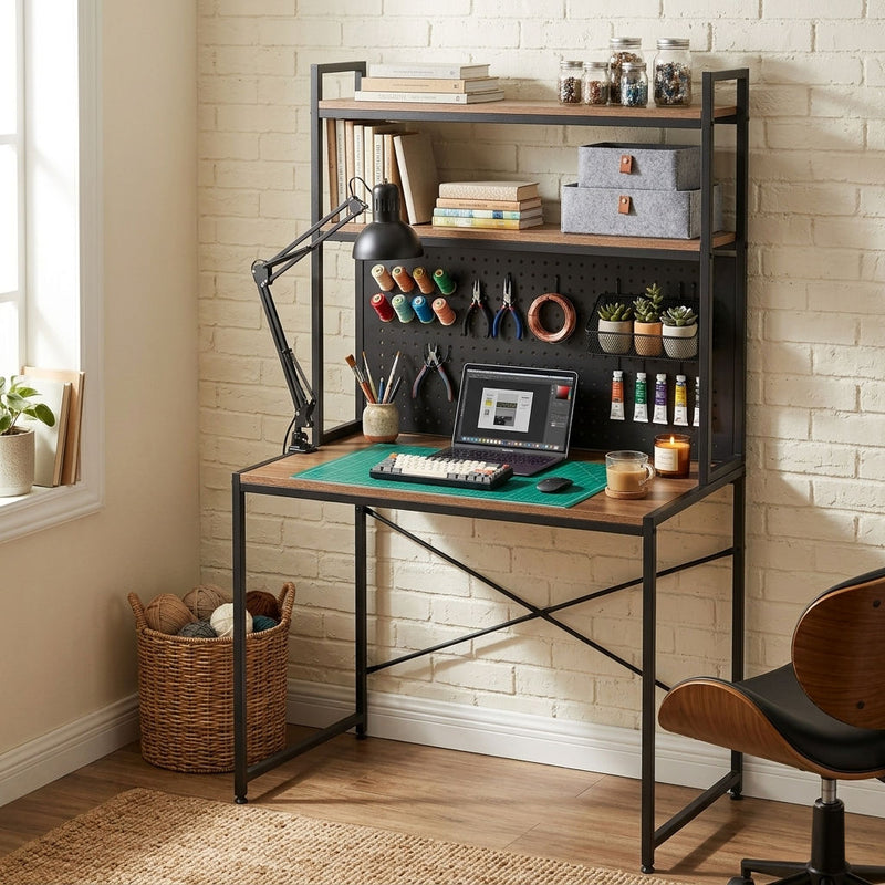 Computer Desk with Hutch Shelves and Pegboard, Brown - alternate angle