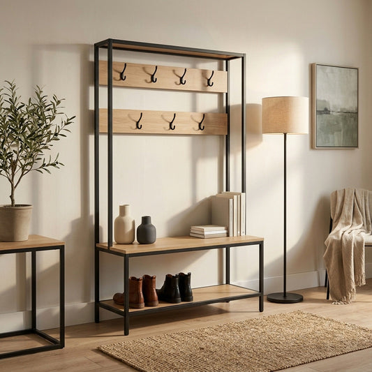 Hall Tree Coat Rack with Bench, 8 Hooks, Natural, Brown - alternate angle