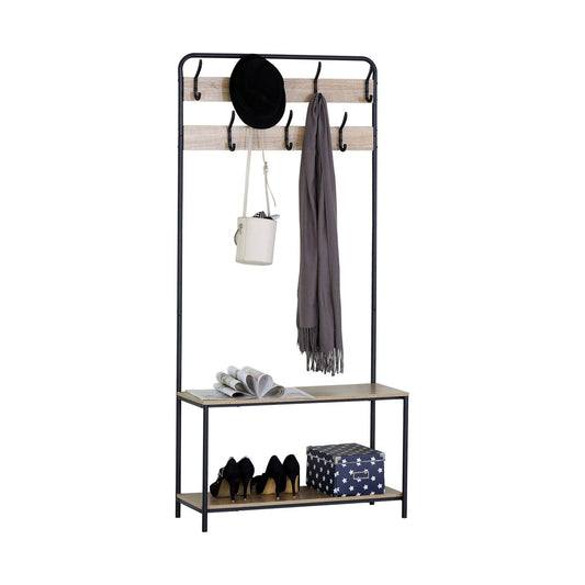 Hall Tree Coat Rack with Bench, 8 Hooks, Natural, Brown - main product image