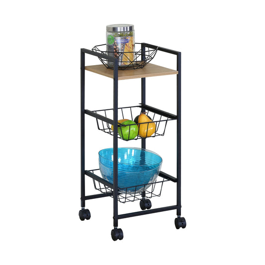 3 Tier Rolling Kitchen Trolley Cart, Wire Baskets, Black in Black - main product image