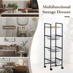 4 Tier Kitchen Rolling Cart, Wire Baskets, Black, Brown - size and scale view