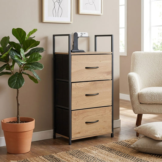 3 Drawer Storage Cabinet, Fabric Tower Dresser, Oak in Brown - alternate angle