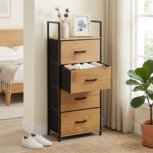 4 Drawer Tallboy Storage Cabinet, Oak and Black, Brown - alternate angle