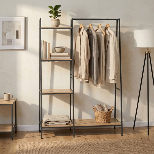 Freestanding Garment Rack with Shelves, 4 Tier, Brown - alternate angle