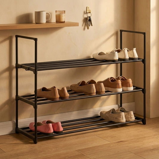 3 Tier Metal Shoe Rack, Free Standing Organiser, Black - alternate angle