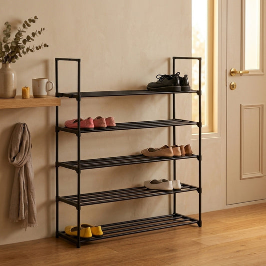 5 Tier Metal Shoe Rack, Free-Standing Organiser, Black - alternate angle