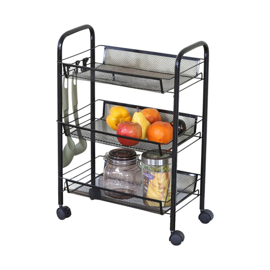 3 Tier Rolling Kitchen Trolley Cart, Metal Mesh, Black - main product image