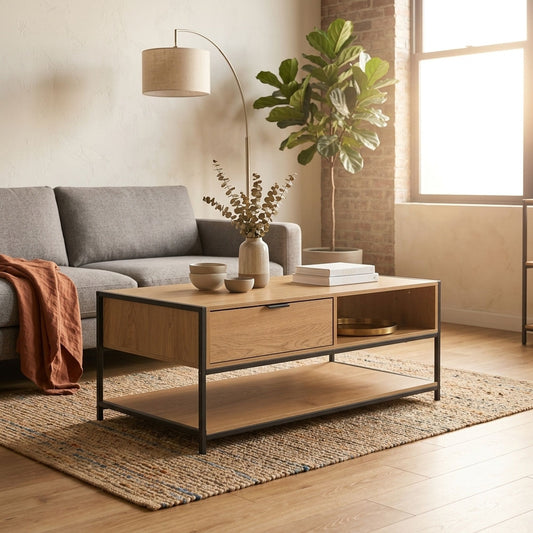 Coffee Table with Drawer, Wood and Metal Frame, Brown - alternate angle