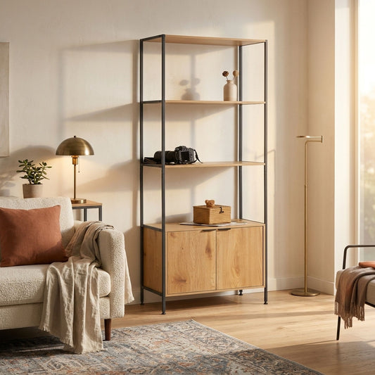 Bookcase with Cabinet, 3 Shelf Display Storage, Brown - alternate angle