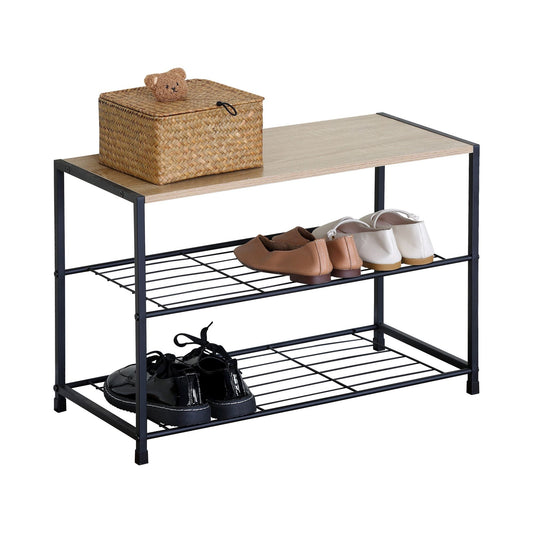 3 Tier Shoe Rack with Mdf Top Shelf, Metal Frame, Brown - main product image