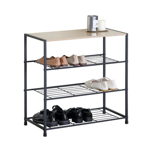 4 Tier Shoe Rack with Mdf Top Shelf, Metal, Brown - main product image