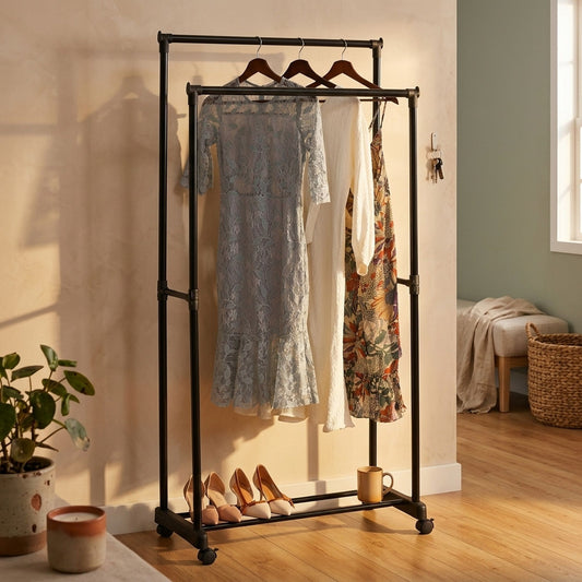 Double Rod Clothes Rack with Wheels, Black, Basic - alternate angle
