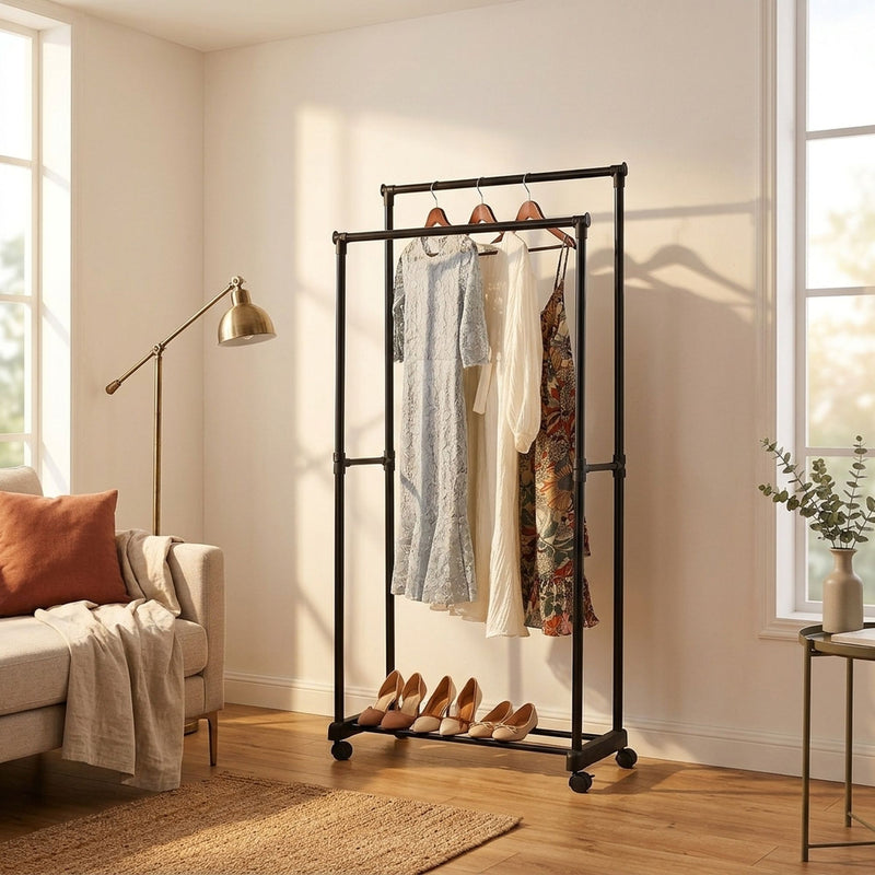 Double Rod Clothes Rack with Wheels, Black, Basic - additional product view