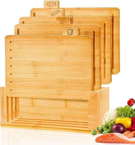 Bamboo Cutting Board Set with Stand 4 Pieces for Kitchen, Natural - main product image
