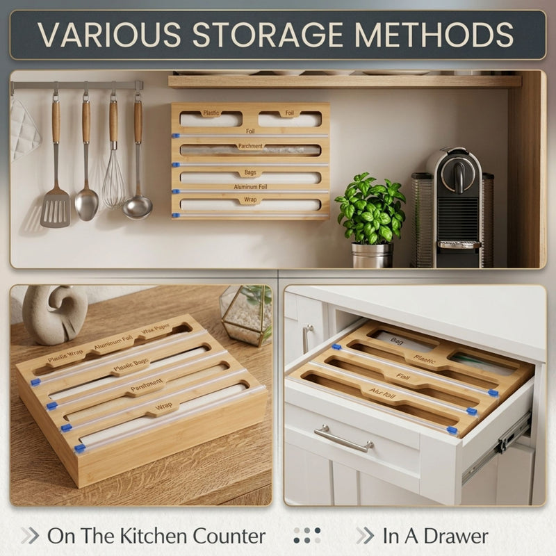 Bamboo Wrap Organiser 5 in 1 Dispenser with Cutter, Natural - detail view
