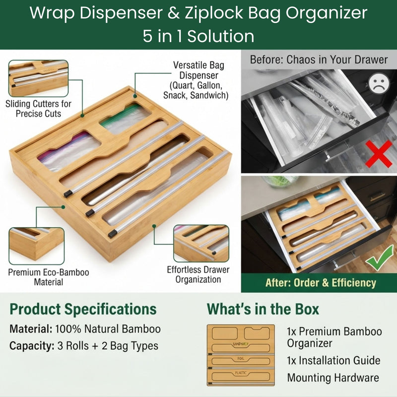 Bamboo Wrap Organiser 5 in 1 Dispenser with Cutter, Natural - size and scale view