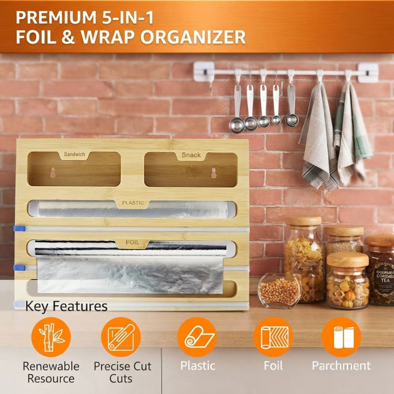 Bamboo Wrap Organiser 5 in 1 Dispenser with Cutter, Natural - additional product view