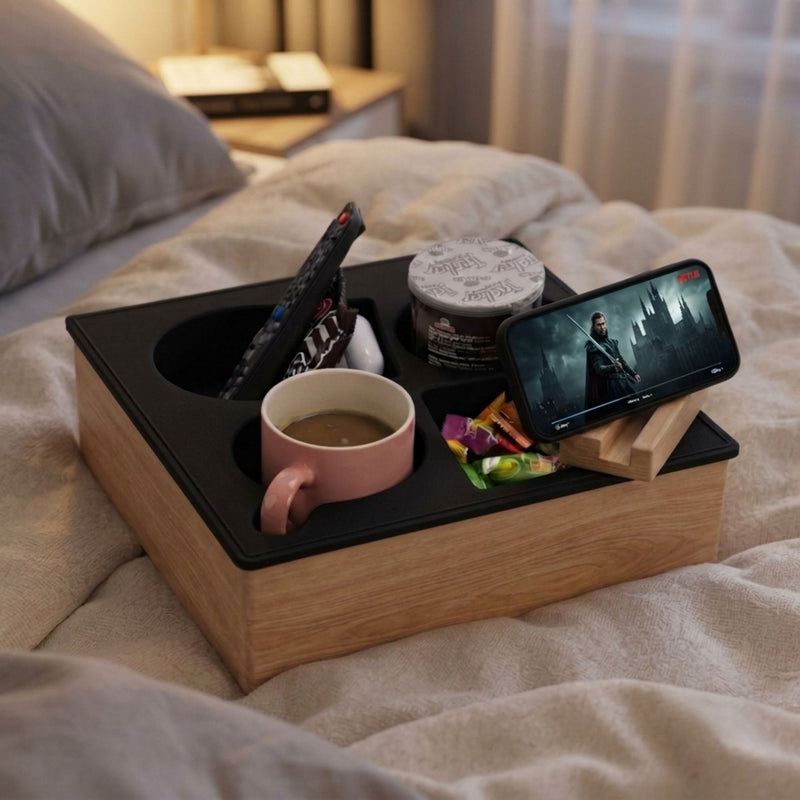 Wooden Couch Cup Holder Tray for Living Room, Natural - alternate angle