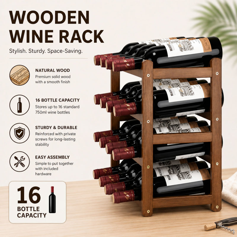 4 Tier Wooden Wine Rack for 16 Bottles - Brown - size and scale view