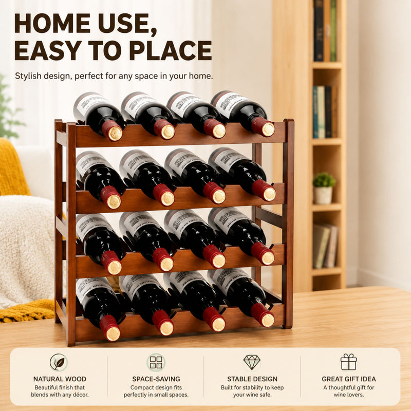 4 Tier Wooden Wine Rack for 16 Bottles - Brown