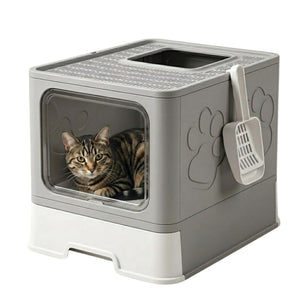 Foldable Enclosed Cat Litter Box with Scoop Grey