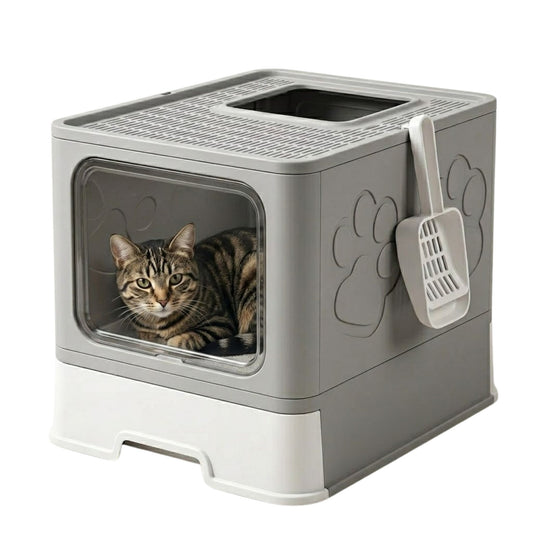 Foldable Enclosed Cat Litter Box with Scoop Grey - main product image
