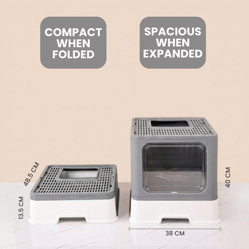 Foldable Enclosed Cat Litter Box with Scoop Grey - size and scale view
