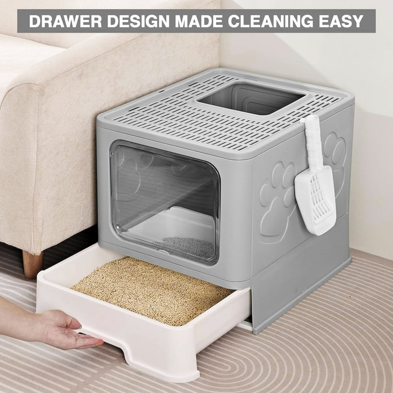 Foldable Enclosed Cat Litter Box with Scoop Grey