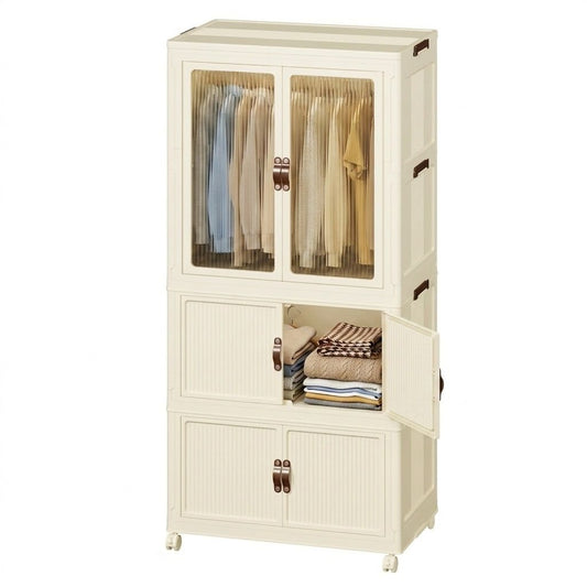 3 Tier Foldable Wardrobe Storage Cabinet with Wheels, White - main product image