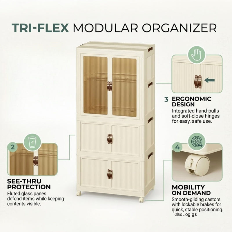 3 Tier Foldable Wardrobe Storage Cabinet with Wheels, White - size and scale view