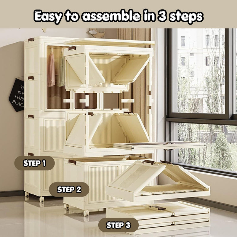 3 Tier Foldable Wardrobe Storage Cabinet with Wheels