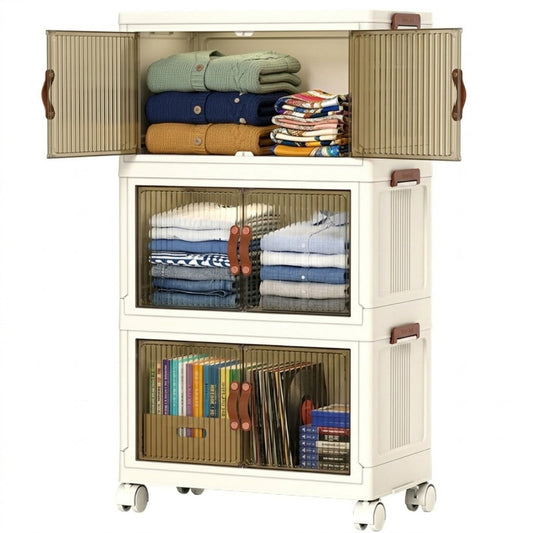 3 Tier Stackable Storage Cabinet with Wheels, White - main product image