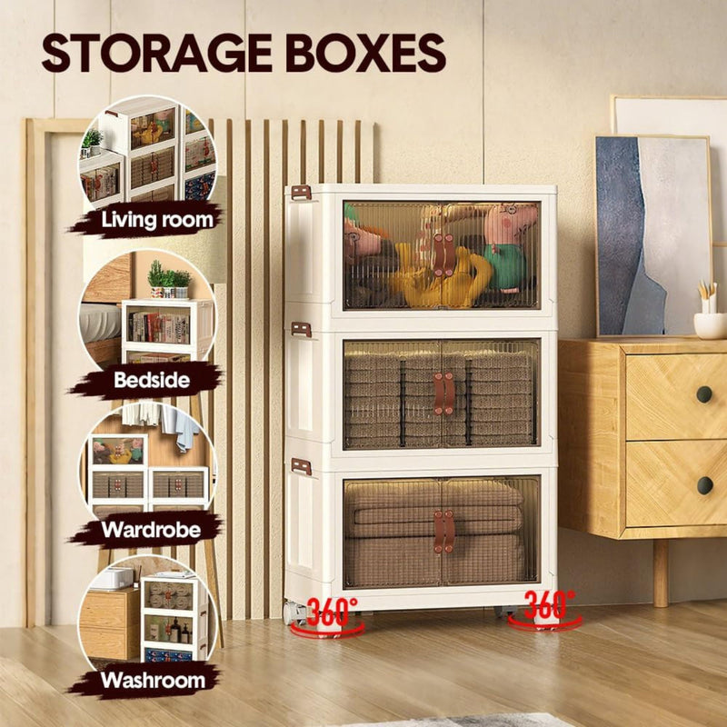 3 Tier Stackable Storage Cabinet with Wheels, White - detail view