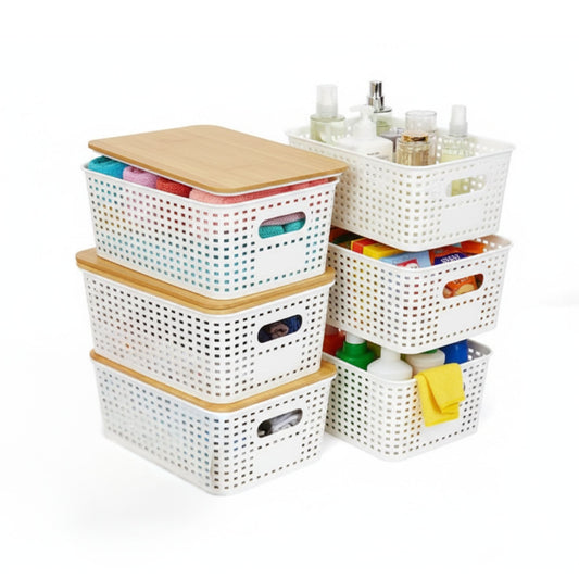 Storage Bins with Bamboo Lids - 6 Pack, White - main product image