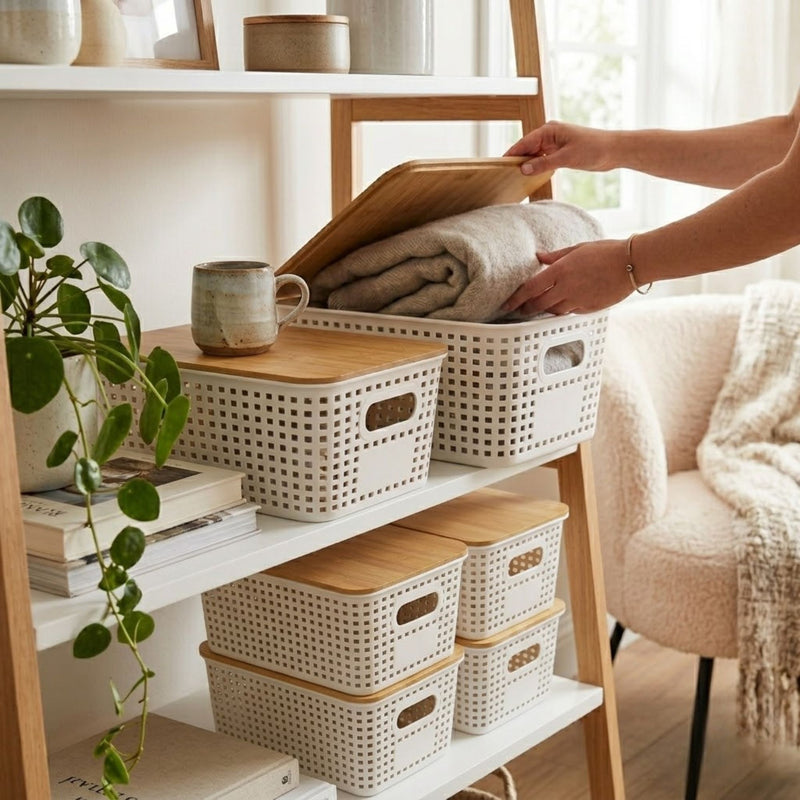 Storage Bins with Bamboo Lids - 6 Pack, White - alternate angle