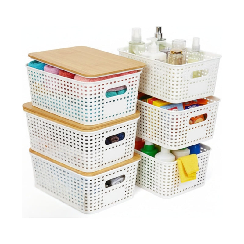 Storage Bins with Bamboo Lids - 6 Pack, White - main product image