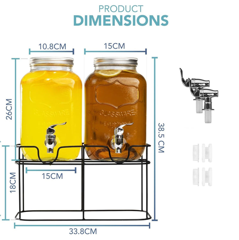 2 Pack Glass Drink Dispensers with Stand 8L