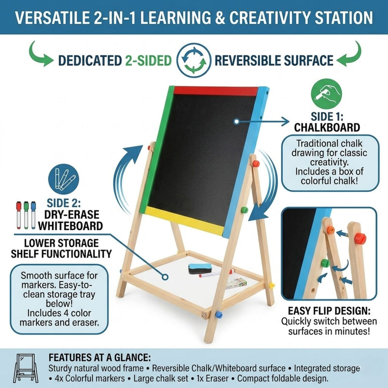 2-in-1 Kids Art Easel with Chalkboard and Whiteboard - detail view