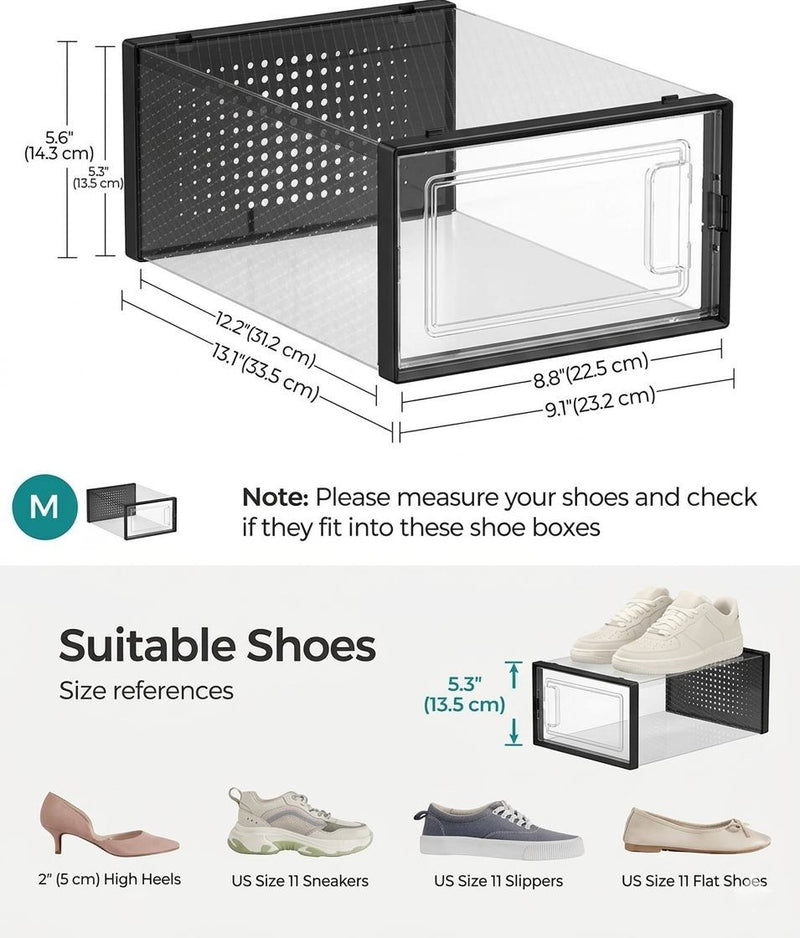 18-Pack Shoe Storage Boxes, Clear Stackable, Black - detail view