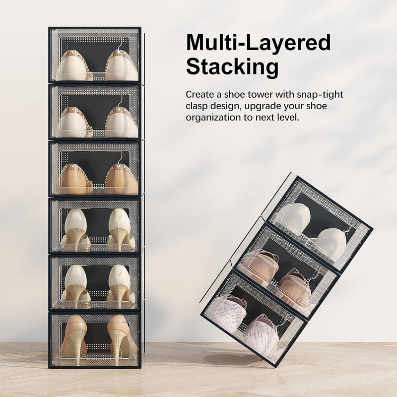 18 Pack Clear Stackable Shoe Storage Boxes - Black