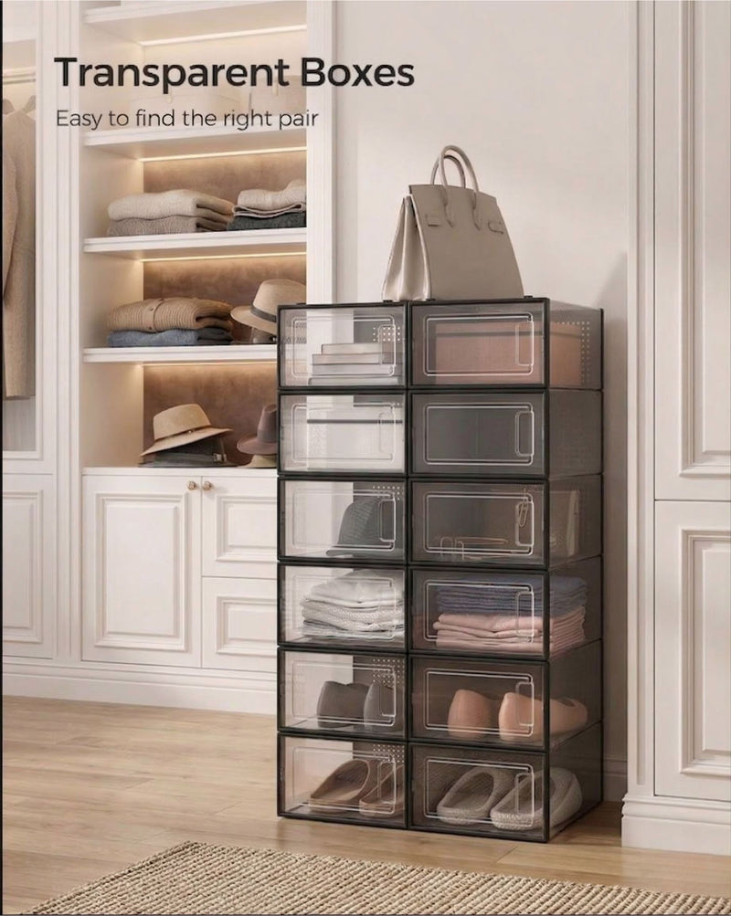 18 Pack Clear Stackable Shoe Storage Boxes - Black