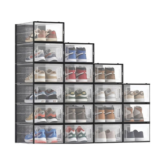 18-Pack Shoe Storage Boxes, Clear Stackable, Black - main product image
