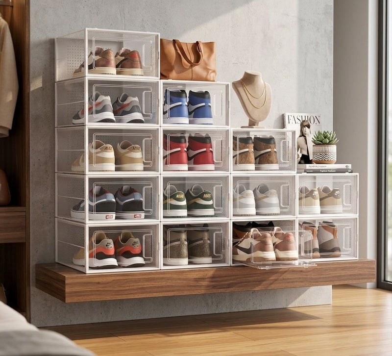 18-Pack Shoe Storage Boxes, Clear Stackable, White - alternate angle