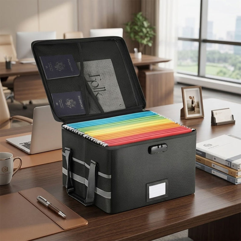 Fireproof Document Box with Lock Collapsible Black