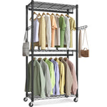 Double Rail Garment Rack with Shelves and Wheels, Black - main product image