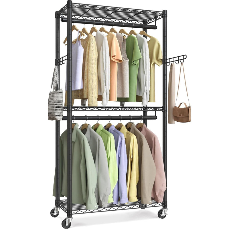 Double Rail Garment Rack with Shelves and Wheels, Black - main product image