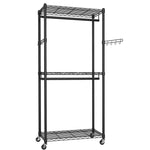 Double Rail Garment Rack with Shelves and Wheels, Black - size and scale view