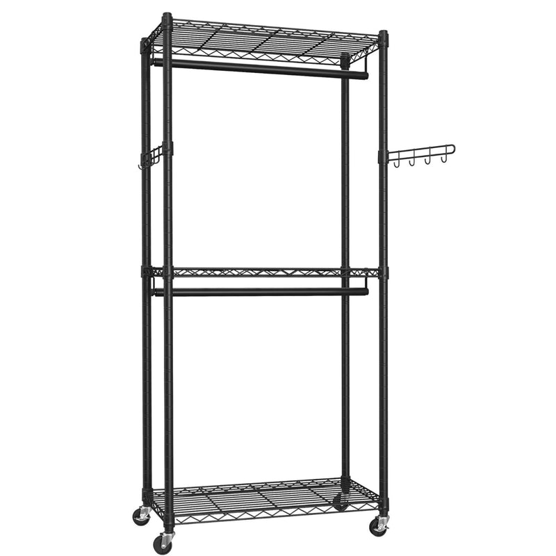 Double Rail Garment Rack with Shelves and Wheels, Black - size and scale view