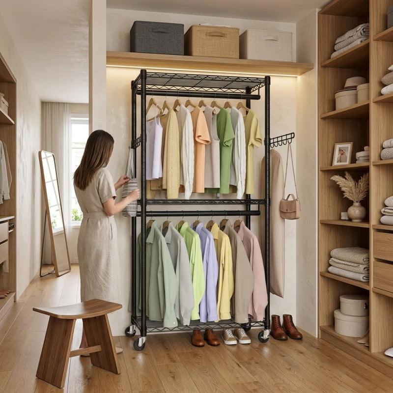 Double Rail Garment Rack with Shelves and Wheels, Black - alternate angle